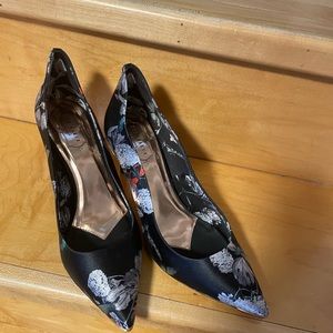 Black Satin shoes with grey flowers and a little rose gold trim. Never worn